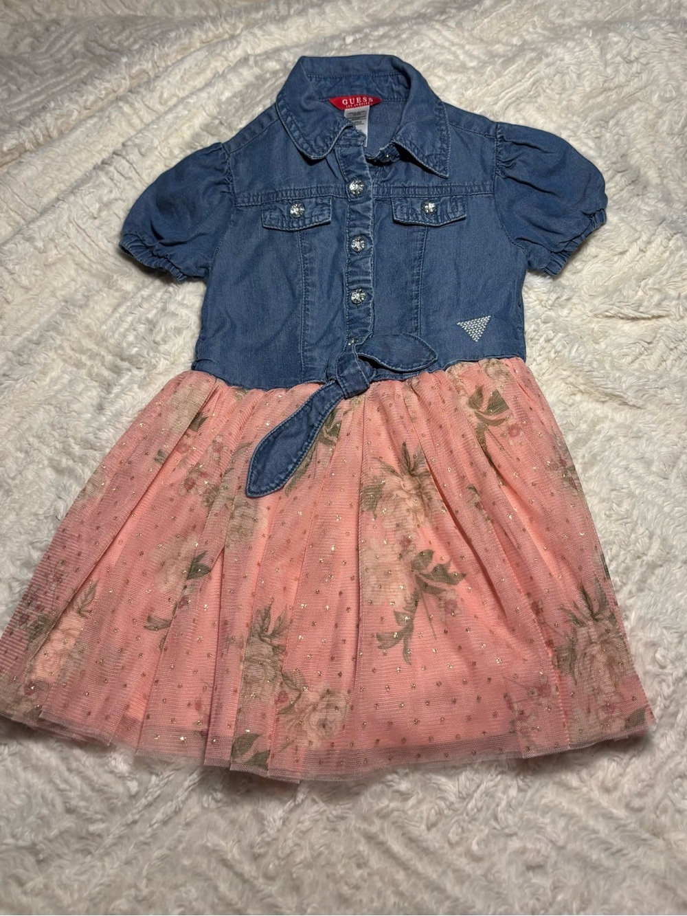 Vintage GUESS Denim & Chiffon Dress with Pink Floral Tulle Skirt